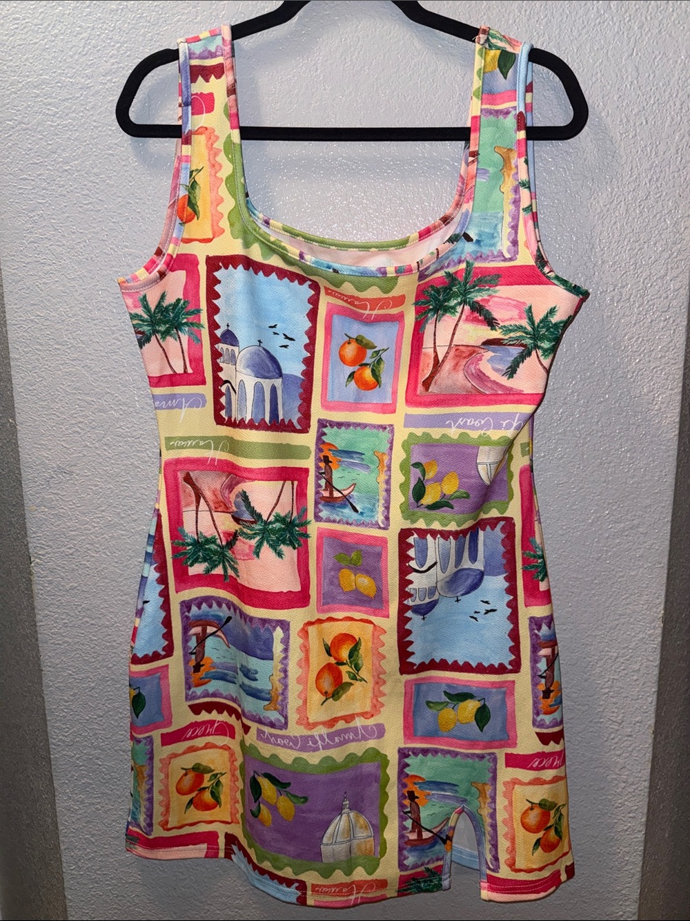SHEIN Tropical Stamp-Print Tank Dress in Pink, Yellow, Aqua & Purple